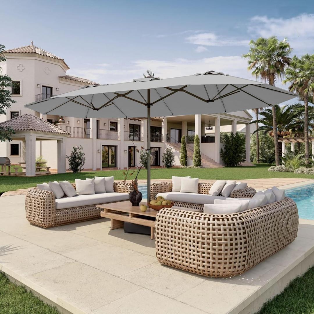 15FT Double Sided Patio Umbrella with Base Included Large Outdoor Market Umbrella with Crank Handle, UV Resistant Canopy, Sturdy Frame for Garden, Poolside, Deck, Light Gray