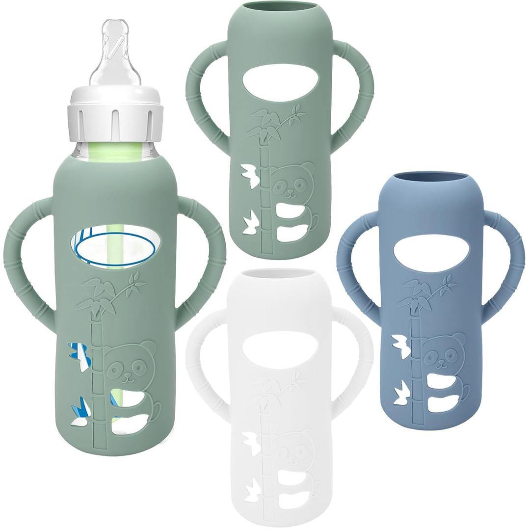 3 Pack Silicone Sleeves for Dr. Brown's Glass Baby Bottles - Drop Protection Baby Bottle Sleeves,Compatible with Dr. Brown's Newborn Glass Bottles,with Silicone Handles,8 oz (White+Green+Dark Blue)