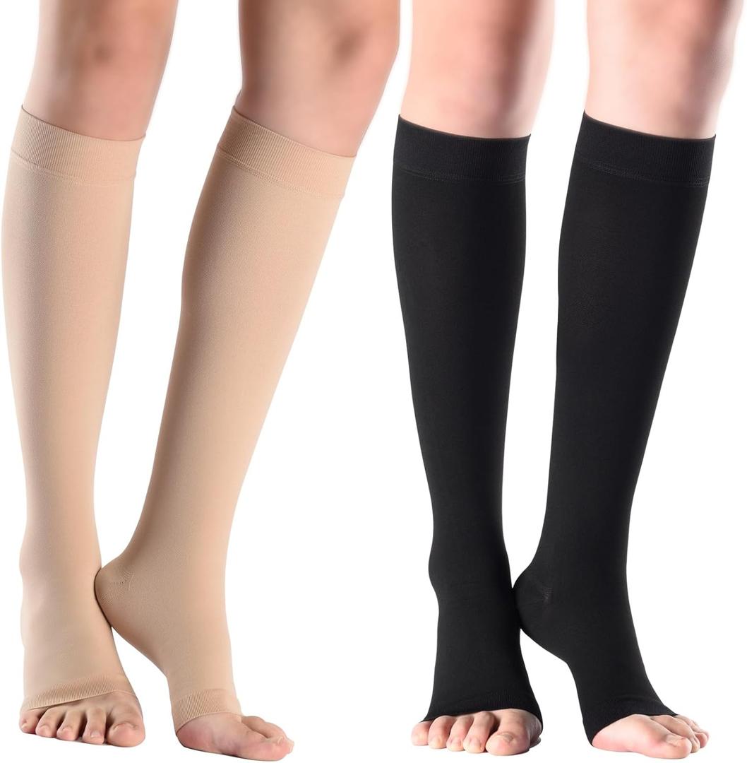 2 Pairs 20-30 mmHg Graduated Compression Socks for Women & Men, Open Toe Knee High stocking, Support Circulation, Travel & Daily Comfort (X-Large)