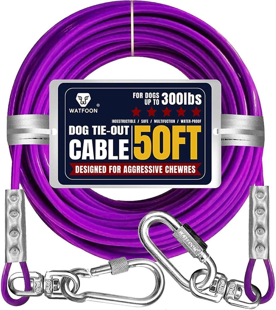 50ft Dog Tie Out Run Cable for Dogs Up to 300lbs, Long Chains Training Tether Leash Heavy Duty Pet Run Cable with Stainless Dual Fix Buckle for Yard Garden Park Camping Training Outside(Purple)