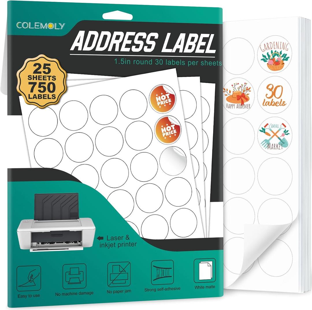 Address Labels 1-1/2 Round for Laser and Inkjet Printers - 25 Sheets, 30 Labels Per Sheet 750 Blank Matte White Sticker Paper for Organization, Labeling, Inventory Management, Product Branding