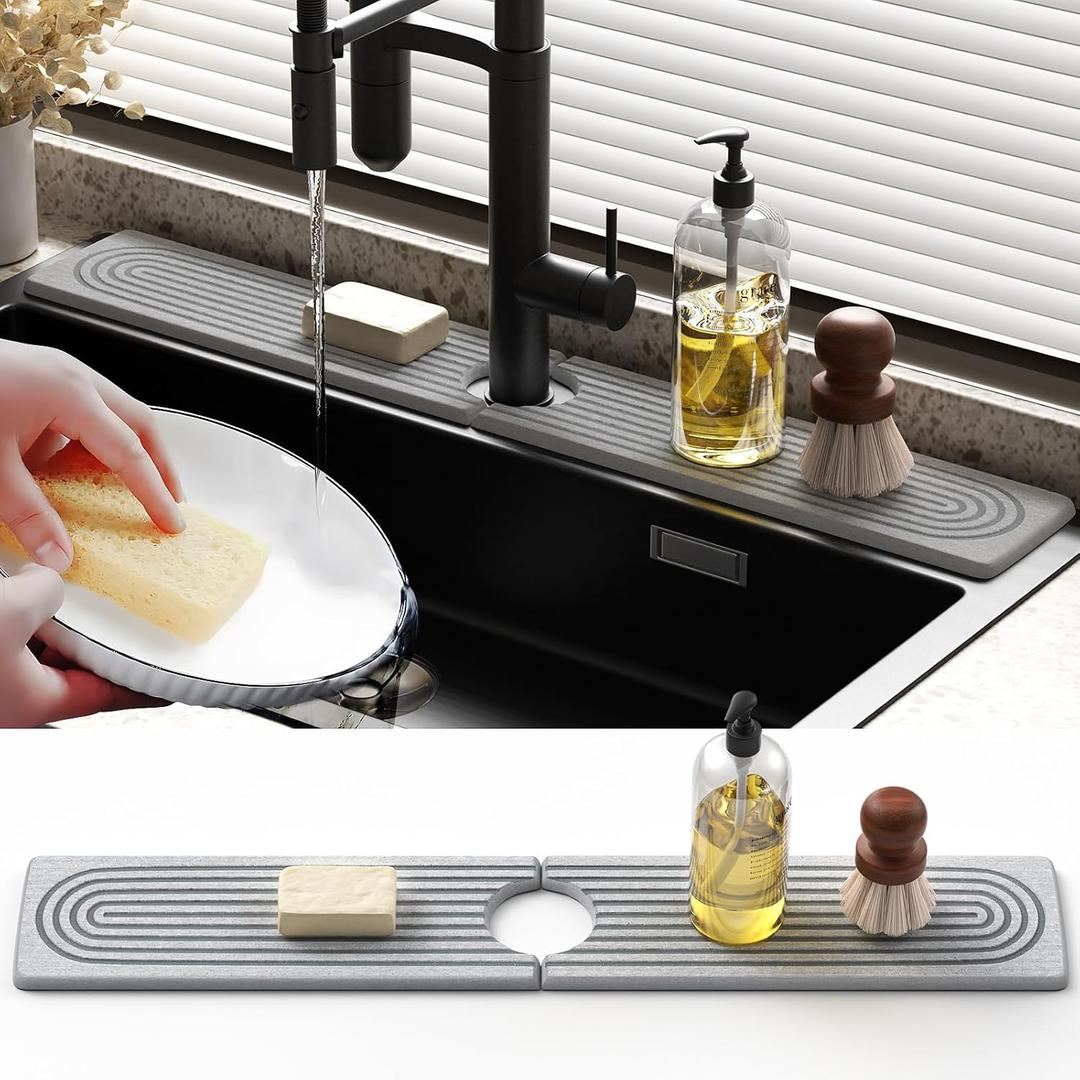 Quick Dry Sink Splash Guard - 23.6" Extended Diatomaceous Earth Faucet Mat - Instant Dry Stone Tray for Kitchen & Bathroom Countertops - Gray