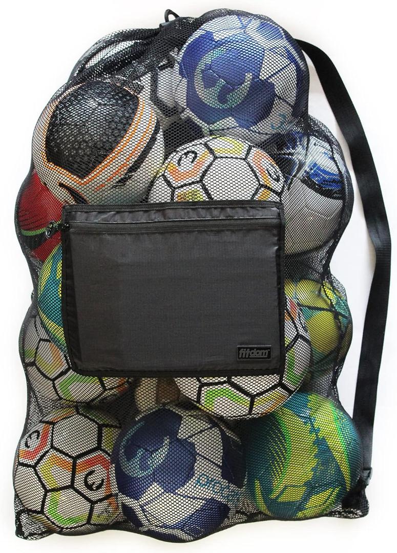 Fitdom Extra Large Heavy Duty Mesh Bag. Best for Soccer Ball, Water Sports, Beach Cloth, Swimming Gears. Adjustable Shoulder Strap. Secure Side Pocket (Black)