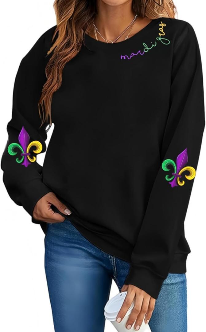 Mardi Gras Sweatshirts for Women Mardi Gras Graphic Long Sleeve Shirt Fat Tuesday Crewneck Pullover Top (Medium, 1)