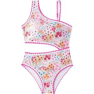 Floerns Girl's One Piece Swimsuits Floral Asymmetrical Neck Cut Out Monokini Swimwear (Light Pink)