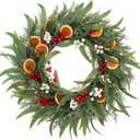 DN DECONATION 24 Inch Christmas Wreath for Front Door, Outdoor Winter Berry Eucalyptus Wreath with Dried Orange Slices, White Beads for Holiday Home Decor (18in, Green and Orange)