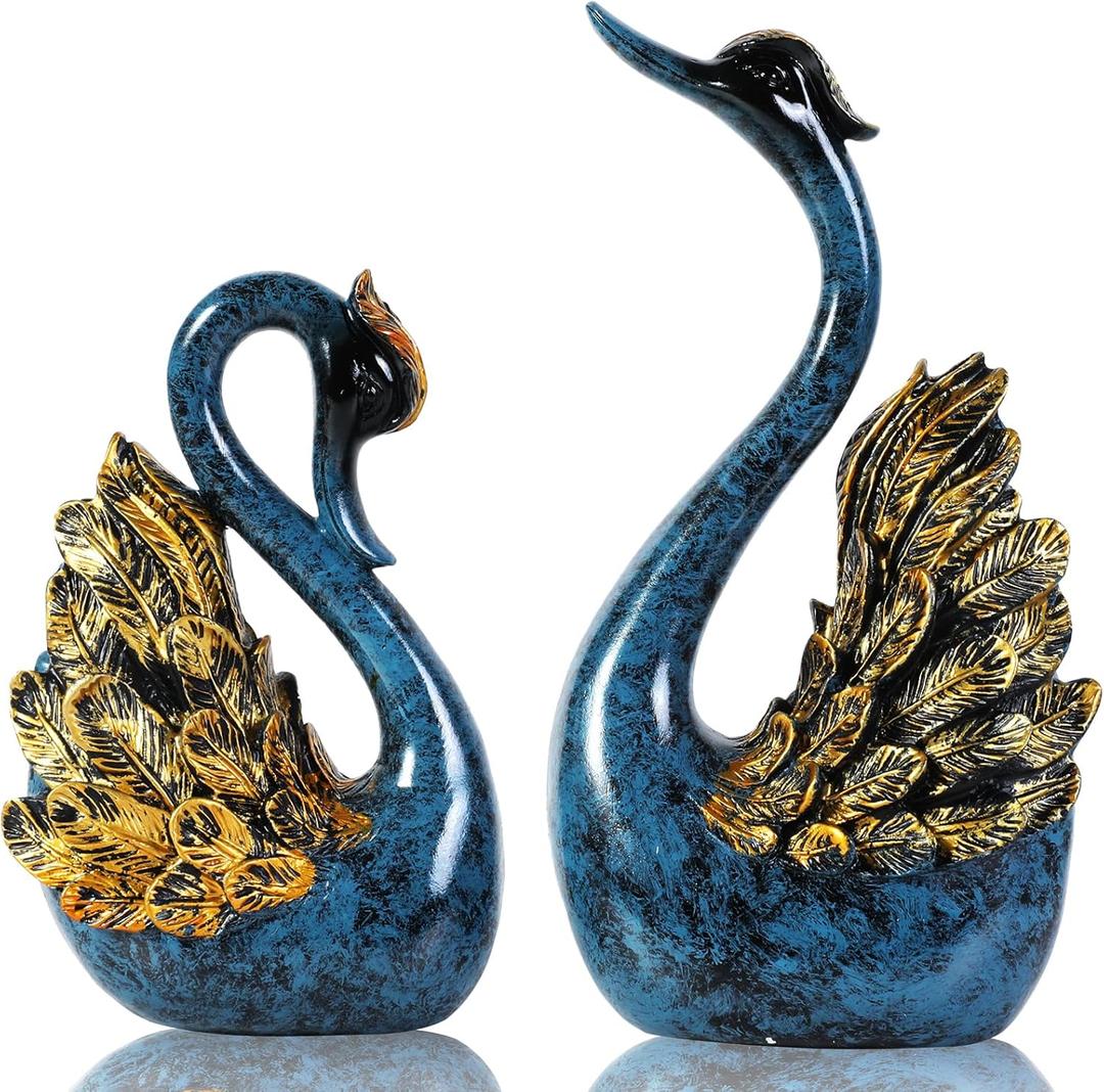 2pcs Swan Statues Couple's Home Decorations for Living Room Decor and Accessories, Sculptures Home Decor for Coffee Table, Book Shelf Decor Accents (Blue)