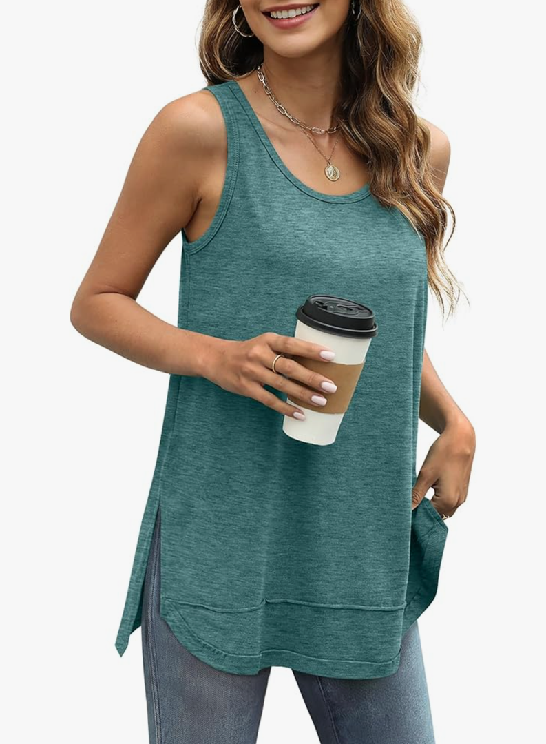 WIHOLL Loose Fit Tank Tops for Women Scoop Neck Summer Side Split Sleeveless Shirts 2025 Fashion L