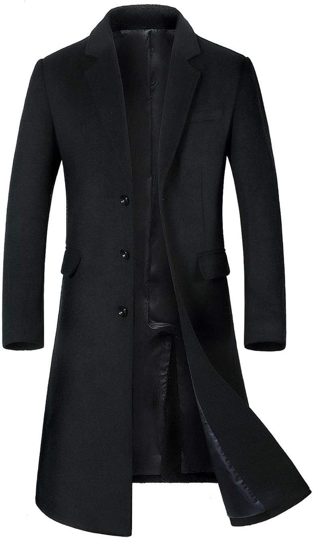 ebossy Men's Wool Blend Full Length Overcoat Single Breasted Long Coat with Flap Pocket (Large, Black)