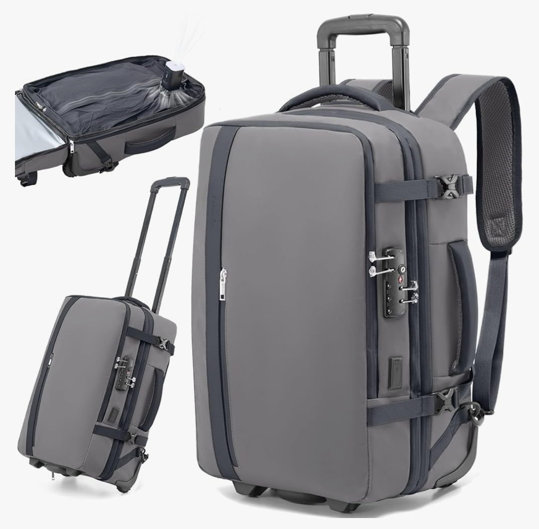 Fanwoli Vacuum Rolling Travel Backpack, Carry On Luggage with TSA Lock & Anti Theft Zipper, 70L Expandable Airback with Compression Pump, Waterproof Laptop Bag Ideal for Flight & Business