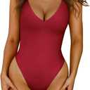 LASLULU Womens One Piece Swimsuit Padded Sexy V Neck Swim Suits Modest Tummy Control Bathing Suits (Small, Red)