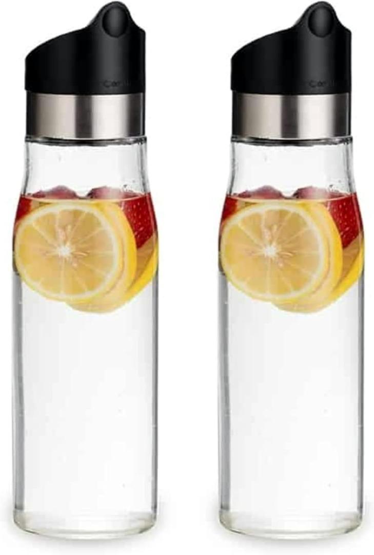 J&M DESIGN 2-Pack 28 OZ Glass Pitcher With Lid Water Carafe Easy Twist Stainless Steel & Plastic Lid w/Removeable Strainer Juice Beverage Iced Tea Ice Coffee Milk Dishwasher Safe Container Bottle Jar