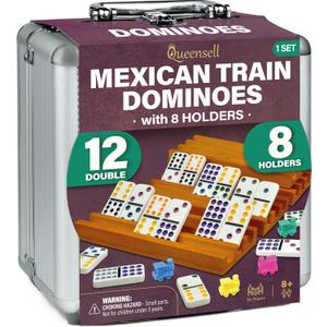 Queensell Juego de domin de tren mexicano con 8 soportes, cubo de madera y soportes para azulejos, 12 azulejos dobles con puntos (D12 + 8 soportes)