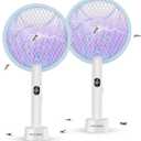 Electric Fly Swatter Racket, 2 in 1 Mosquito Bug Zapper 4100V Handheld Mosquito Killer with 1800 mAh Rechargeable Battery, Purple Ligh stand 3-Layer Safety Mesh for Indoor Outdoor Blue Two-Pack