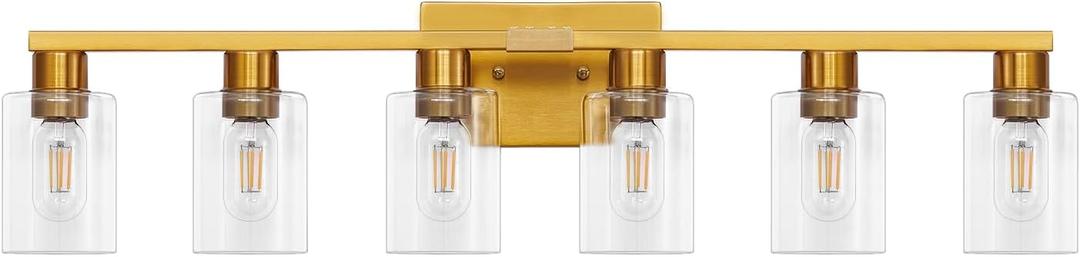 Gold 6 Light Bathroom Vanity Light Brush Gold Bathroom Light Fixtures Brass Vanity Lights for Bathrrom Large Wall Sconce with Clear Glass Shade E26 Socket