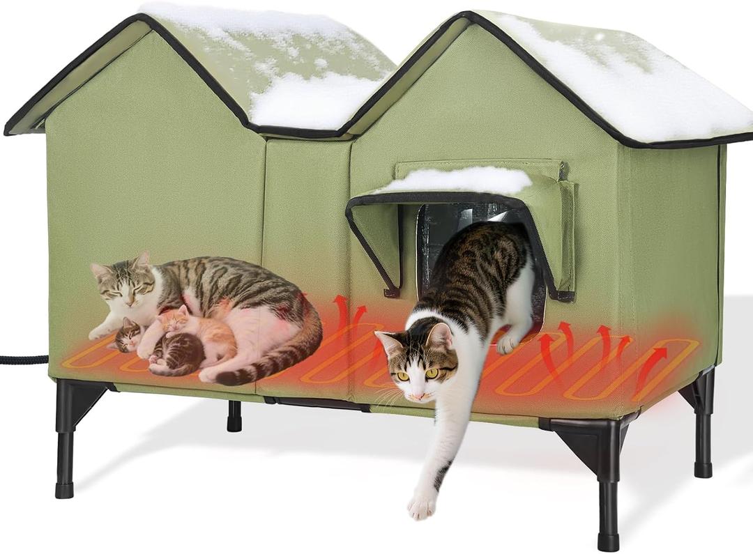 Heated Cat House for Outside Winter, Extra Large Heated Outdoor Cat House Weatherproof, Elevated Bed, Escape Door, Insulated Outdoor Cat Shelter with Heater for Multiple Cats Feral Stray Kitty, Extra Large - 19.5"D x 30.5"W x 21.8"H