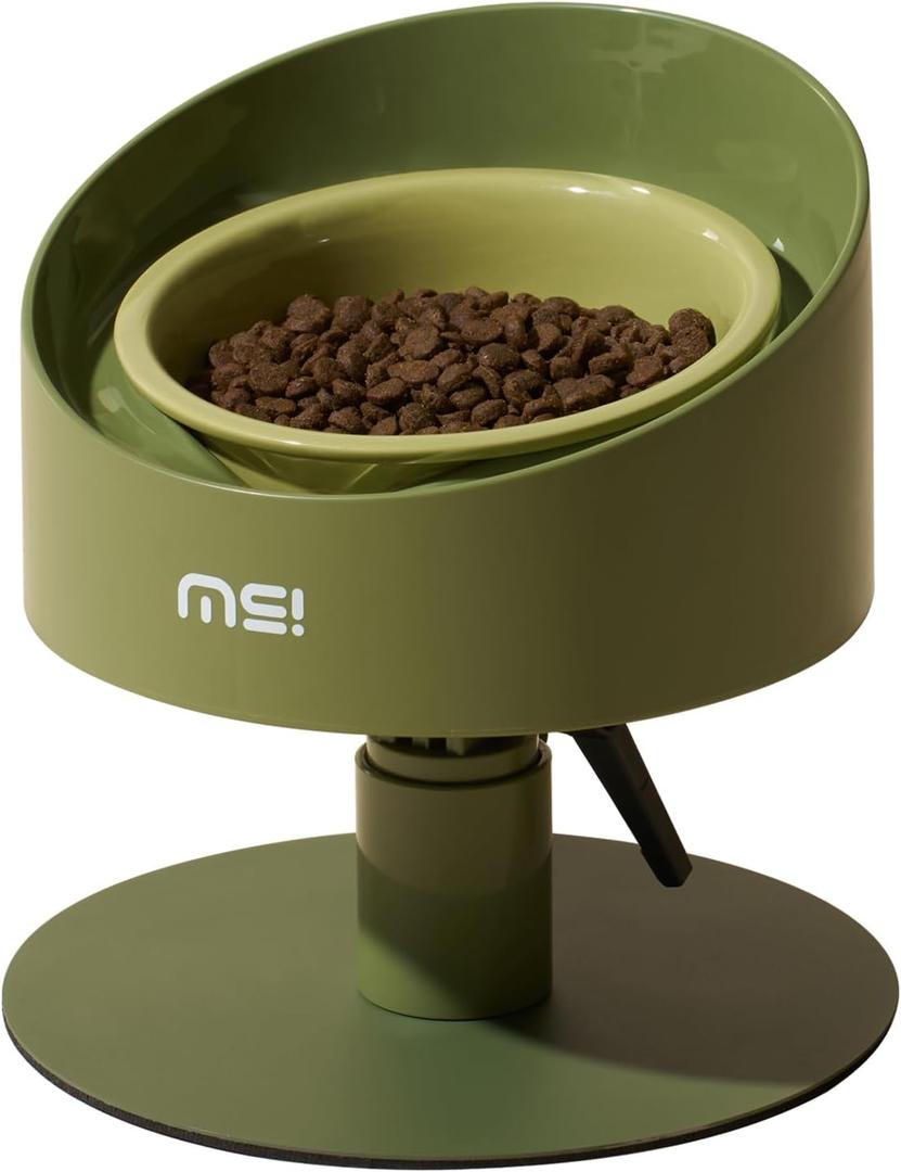 MS!MAKE SURE Adjustable Raised Cat Bowls, Ceramic Elevated Cat Bowls, Pet Bowl with Anti - Slip Rubber Pad, Leak - Proof, Lead & Cadmium Free, Whisker - Friendly, for All Life Stages of Age Green