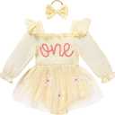 Baby Girl 1st Birthday Clothes One Year Old Tulle Romper Long Sleeve Bodysuit Cake Smash Outfits (12-18 Months, Apricot)