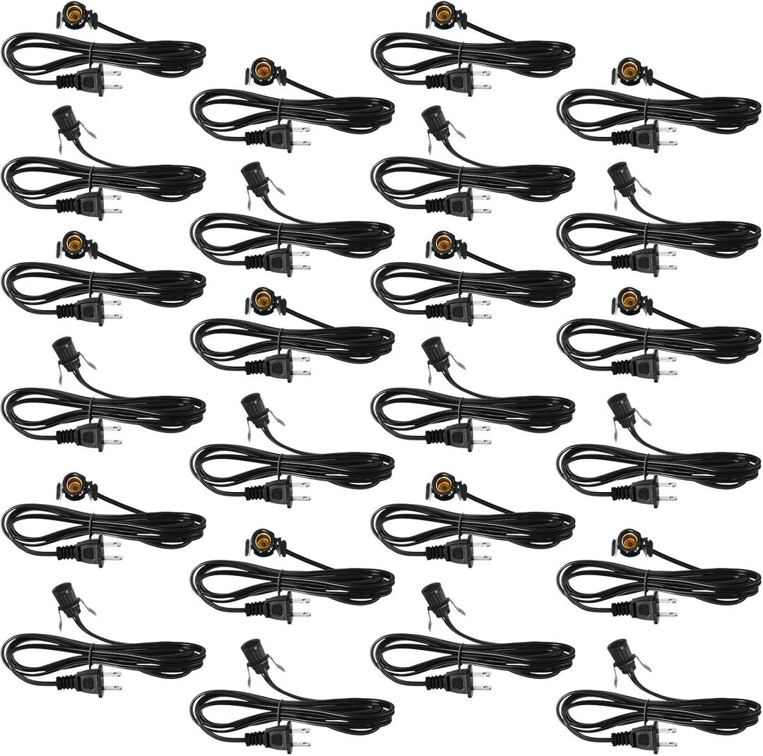 Macarrie 24 Pcs Clip in Lamp Cord with E12 Light Socket Single Lamp Replacement Cord for Holiday Christmas Village Accessories Decorations Switch Not Included, 6 ft (Black)
