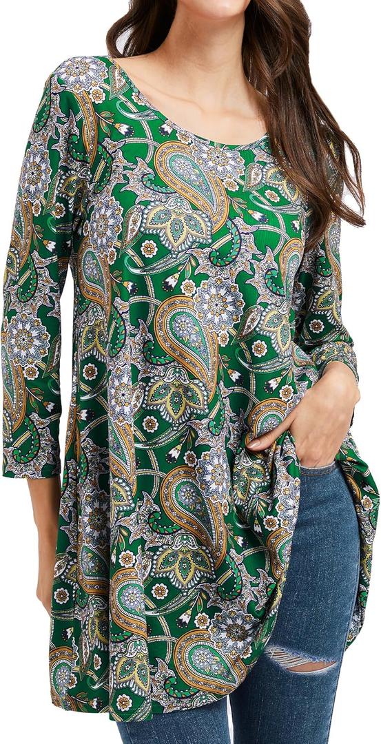 ENMAIN Women's Tops 3/4 Sleeve Dressy Casual Plus Size Tunic Tops to Wear with Leggings Swing Flare T-Shirt Loose Fit Blouses (B5-green Paisley)