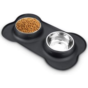 AsFrost Dog Food Bowls Stainless Steel Dog Bowls, Pet Dog Food Water Bowls No-Spill Non-Skid, Feeding Bowls with Dog Bowl Mat Dog Dishes for Small Medium Size Large Dogs Cats Puppy, Black, 240z (1 Cup/12 oz each)