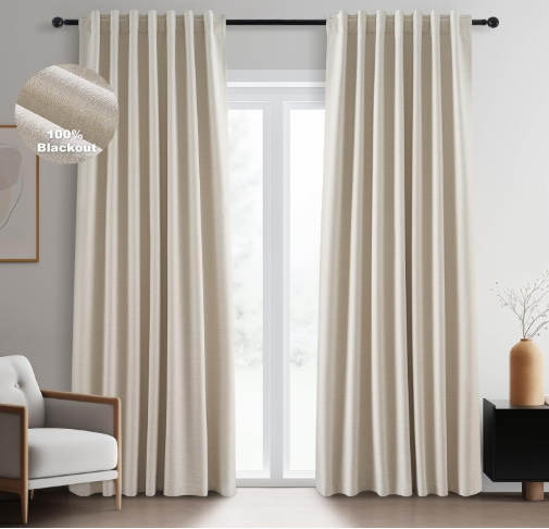 Topfinel 94 Inches Long Tan Colored Custom Blackout Linen Curtains, Internet Famous Beige Pleated Noise Cancelling Curtains with Pin Hooks for Traverse, Flax Linen Viral Drapes 2 Panels for Bedroom
