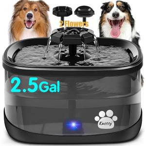 Kastty 2.5Gal/9.5L Dog Water Fountain 3 Flow Modes Cat Fountain with 2 Flower Spouts& 7" Larger Filter Super Filtration& Smart 3 in 1 LED Safe Pump, BPA-Free, Quiet for Large Dogs& Multi Pets(FS68)