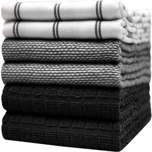Premium Kitchen Towels (20x 28, 6 Pack) | Large Cotton Hand Towels | Flat & Terry Dish Towels | Highly Absorbent Tea Towels Set with Hanging Loop | Black Check