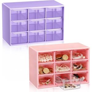 Wenqik 2 Pcs Mini Storage Drawers Teacher Toolbox Organizer with 9 Clear Drawers Small Plastic Desktop Teacher Desk Craft Organizer for Classroom Office 7" x 3. 9" x 4. 7" (Purple, Pink)
