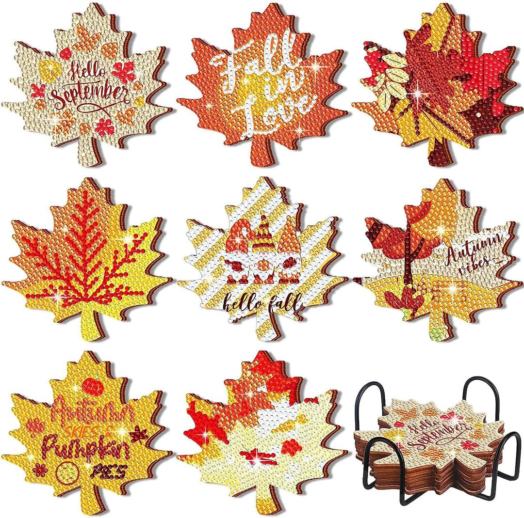 Shellwei 8 Pcs Fall Thanksgiving Diamond Art Coasters Autumn Maple Leaves Diamond Painting Coasters with Holder Thanksgiving Leaves Painting Kit Autumn Orange Crafts for DIY