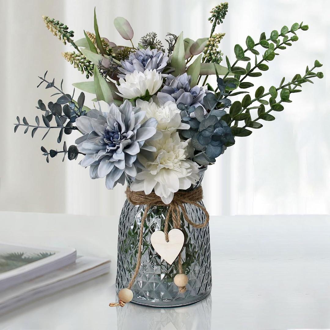 Leftover Fake Flowers in Vase,Faux Flowers in Vase,Table Centerpieces for Dining Room,Flower Centerpieces for Tables,Artificial Flowers,Kitchen Decor,Coffee Table Decor (Blue)