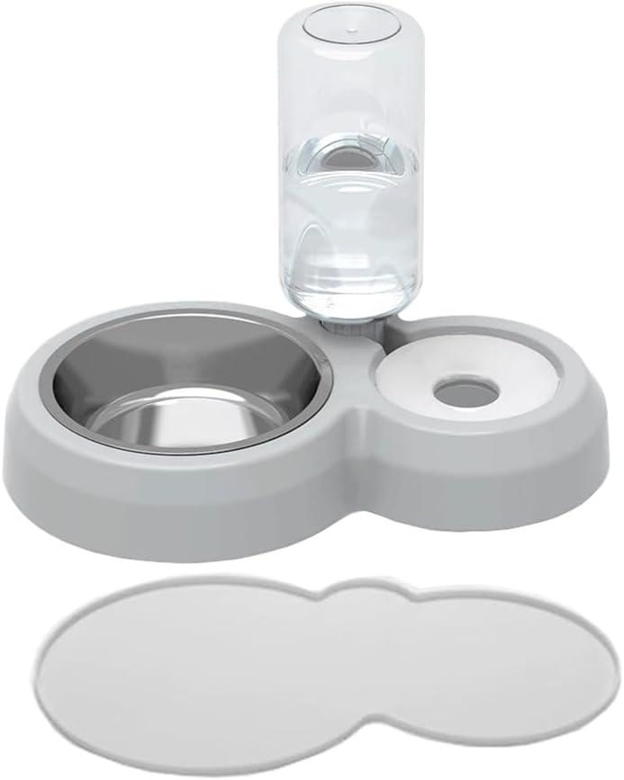 Dog Bowls, Puppy Cat Food and Water Bowl Set with Water Dispenser and Stainless Steel Bowl Non-Slip Mat, Detachable Gravity Pet Feeder and Waterer Set for Cats Dogs Puppy Rabbit (Grey)