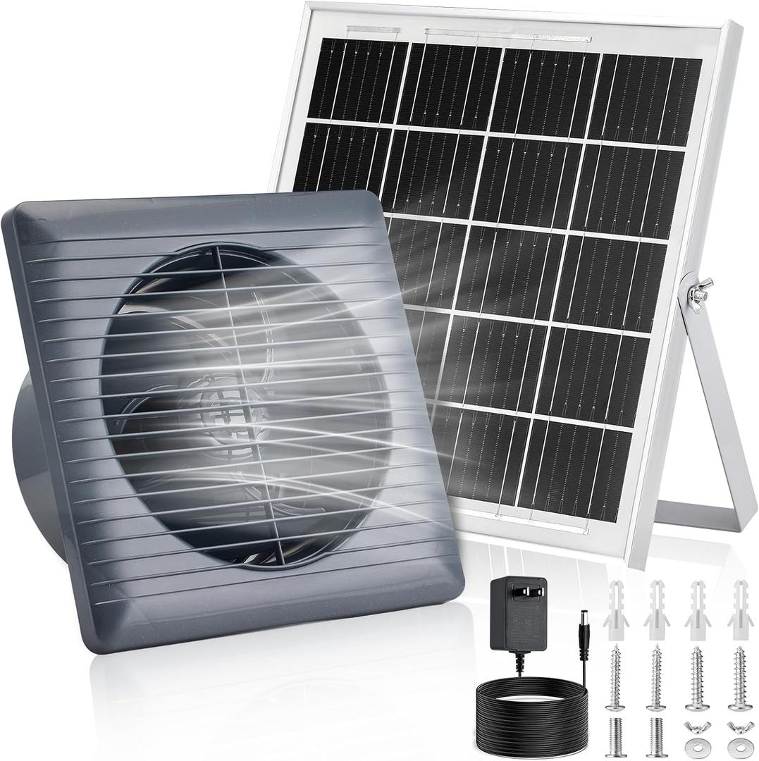Solar Powered Exhaust Fan, 25W Solar Panel+8" High Speed Solar Powered Fans, Solar Exhaust Intake Fan Kit with Bracket, Anti-backflow Valve, Power Adapter, Vent Fan for Shed, Greenhouse, Attic
