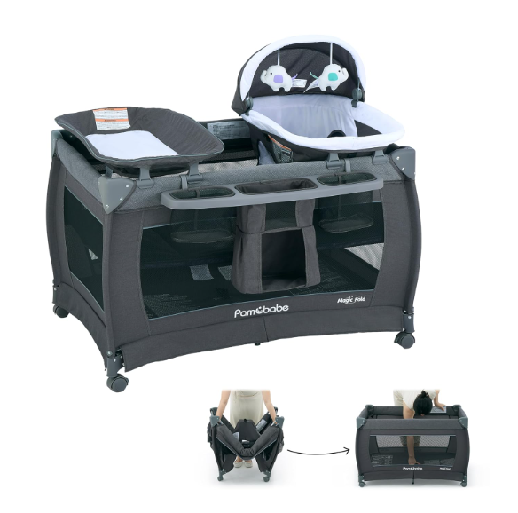 Pamo Babe 1-Second Setup 4-in-1 Playard for Babies - Heavy-Duty Steel Frame for Safe Sleep Space, Portable Crib with Changing Table, Locking Wheels, Breathable Mesh, Deepgrey