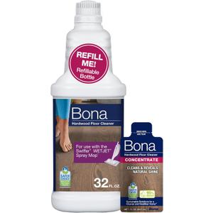 Bona Hardwood Floor Cleaner Bottle for use with Swiffer WETJET Spray Mop, makes 64 Fl Oz - Includes Filled Bottle + Concentrate Refill for Wood Floor Cleaning (32 Fl Oz (Pack of 1))