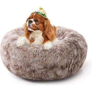 Calming Cat Bed for Indoor Cats, Donut Washable Small Dog Bed, Anti-Slip Round Fluffy Plush Faux Fur Pet Bed for Small Cats and Dogs (Brown White, 19.7'')