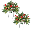 Set of 2 Christmas Tree Urn Filler, Lighted Artificial Xmas Pine Trees with Tripod Stake, Battery Powered Outdoor Christmas Trees for Porch, Driveway, Yard (14 Pine Cones)
