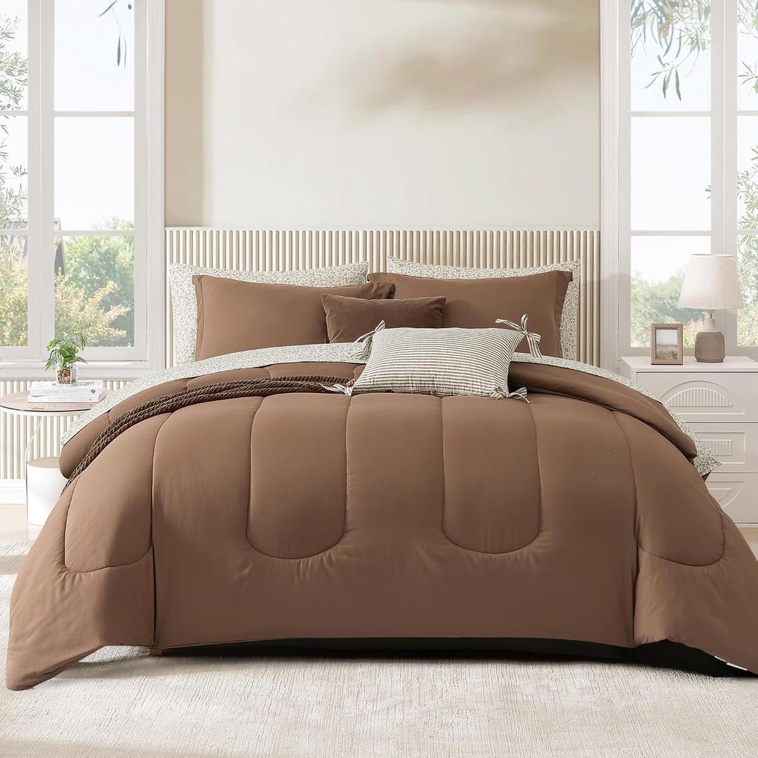 Monbix Queen Comforter Set - 7 Pieces Brown Bed in a Bag Queen Track Stitching Bedding Sets, All Seasons Comforter Bed Set with Sheets,Pillowcases & Shams