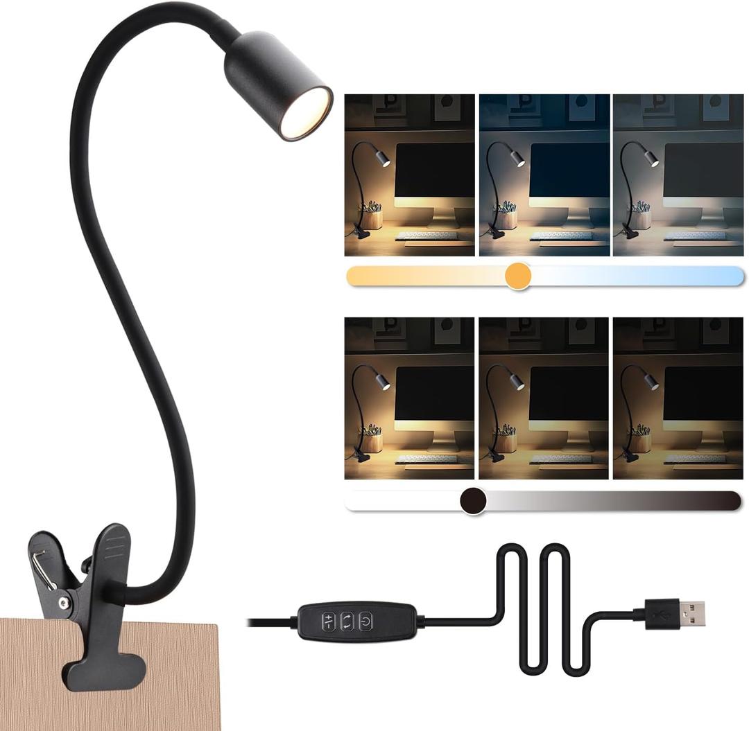 LED Reading Light for Bed Headboard  Dimmable Clip-On Book Light with Flexible Gooseneck, Adjustable Color Temperature (3000/4000/6000K), USB-Powered Desk Lamp for Dorms and Home (Black)