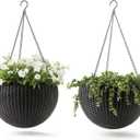 Keter Resin Rattan Set of 2 Round Hanging Planter Baskets for Indoor and Outdoor Plants-Perfect for Porches and Patio Decor, Graphite