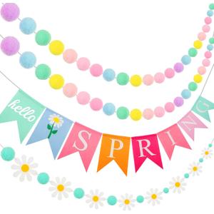 Irenare 4 Pieces Spring Garland Felt Pompom Garland Hello Spring Daisy Flower Banner for Indoors Decorating Mantel Tree Party Decorations