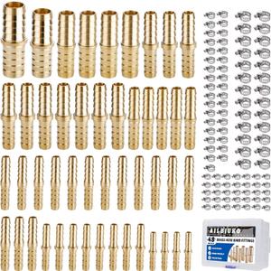 48PCS Brass Hose Barb Fitting,Barb Splicer Mender Hose Fittings 1/8" 3/16" 1/4" 5/16" 3/8" 1/2" 5/8" 3/4" with 96Pcs Stainless Steel Pipe Hose Clamps for Air/Fuel/Water/Oil Hose