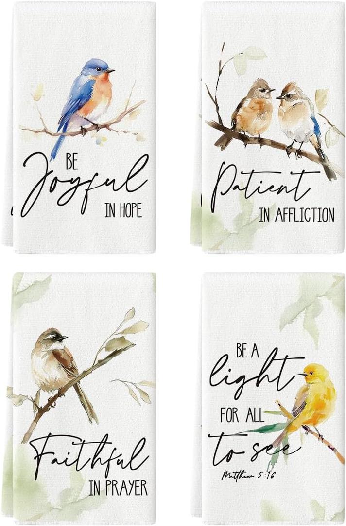 Artoid Mode Floral Leaves Branch Bird Kitchen Towels Dish Towels, 18x26 Inch Seasonal Summer Decoration Hand Towels Set of 4