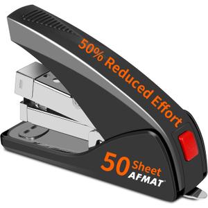 AFMAT Stapler for Desk, 50 Sheet Effortless Desktop Stapler Staple with One Finger, Portable Ergonomic Handheld Staplers Heavy Duty, Built-in Remover, Space Save Size, Good for Home & Office ES10 (Black)