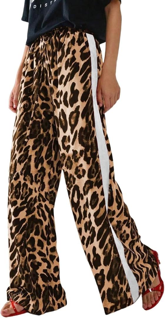 Women's Casual Pants Drawstring Leopard Print Color Block Side Striped Straight Leg Wide Leg Loose Pants (Large, 2-yellow White)