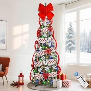 Uspring 6 FT Pop Up Christmas Tree with Lights, Artificial Collapsible Pink Christmas Trees with Remote Control & Colorful LED Light, Pre Decorated Surround Ribbon, Ball Ornaments, Holiday Party Decor