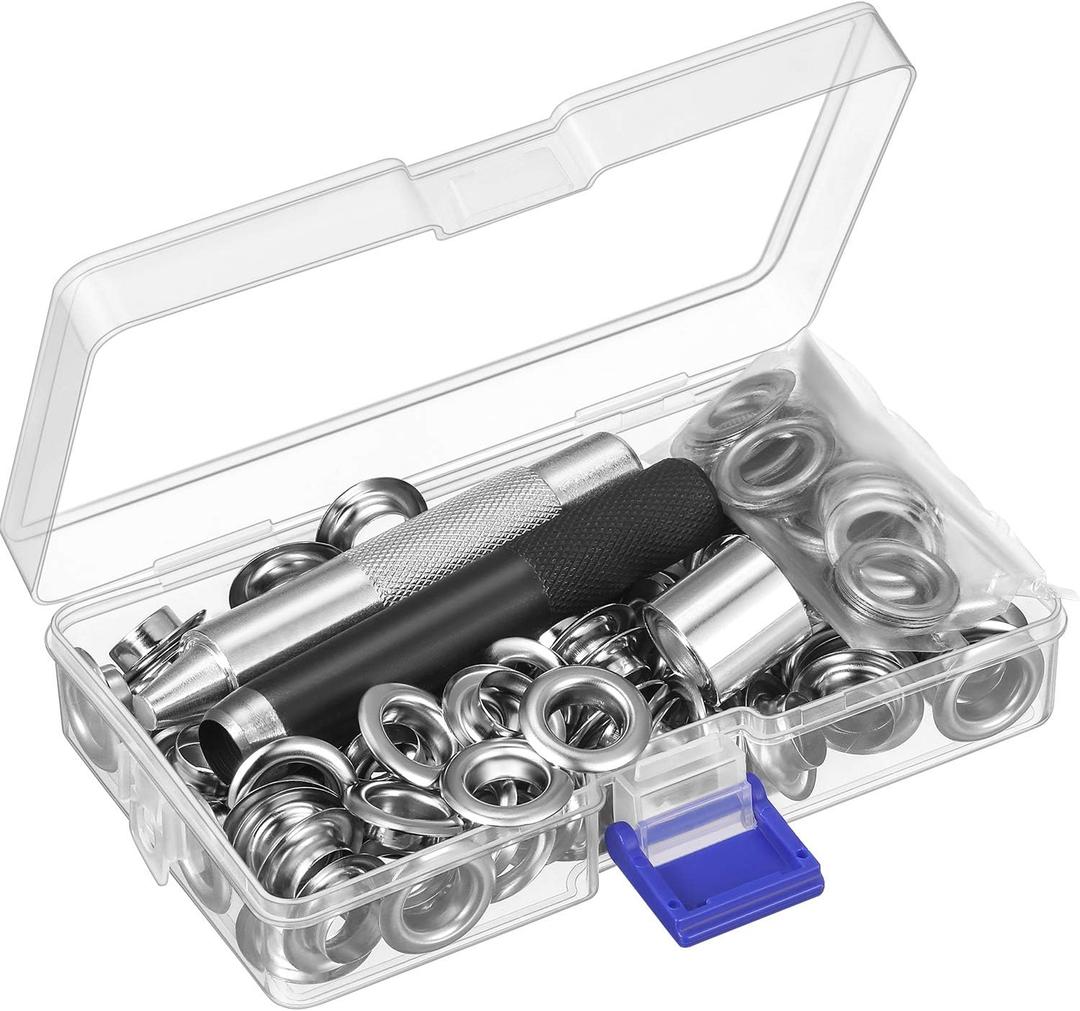 Grommet Tool Kit, Grommet Setting Tool and 100 Sets Eyelets with Storage Box, 1/2 Inch Inside Diameter (Silver)