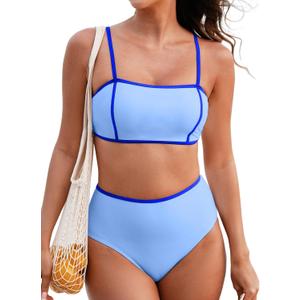 Herseas Women's 2 Pieces Colorblock Bikini Sets Square Neck Swimsuit Adjustable Spaghetti Straps Bathing Suit (Blue, L)