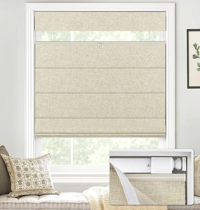 LazBlinds No Drill TDBU Roman Shades, Blackout - Beige, 34" W x 64" H
