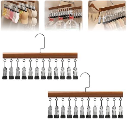 2Pcs Loset Organizer with 12 Clips,Wooden Wangers with Wlips,Wace Saving Hanging Closet Organizer,Space-Saving Hat Scarf Clothespins,Pant Hangers with Clips(Brown)